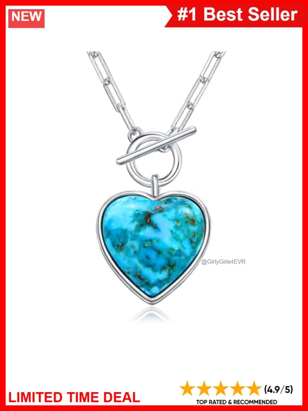 Sterling Silver Turquoise Heart Pendant Necklace, 18 Inch Paperclip Chain